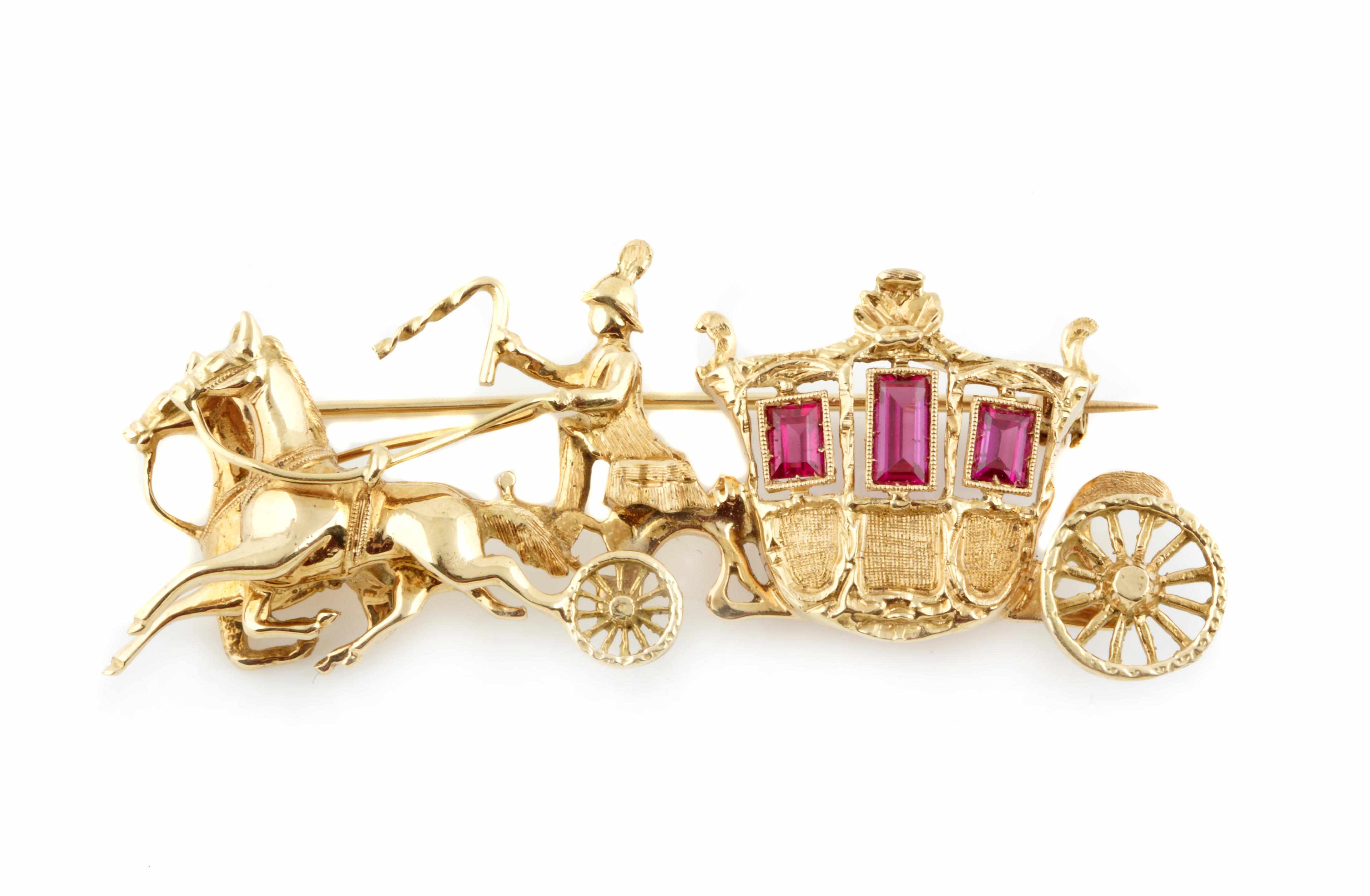 Appraisal: A ruby and k gold carriage brooch weighing approximately grams