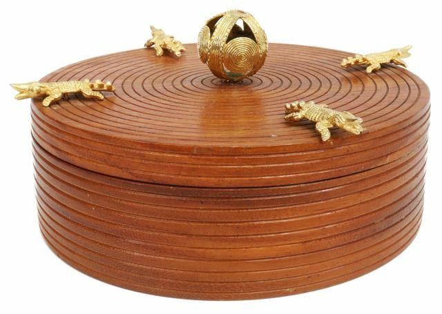 Appraisal: French modern mahogany table box circular form with incised concentric