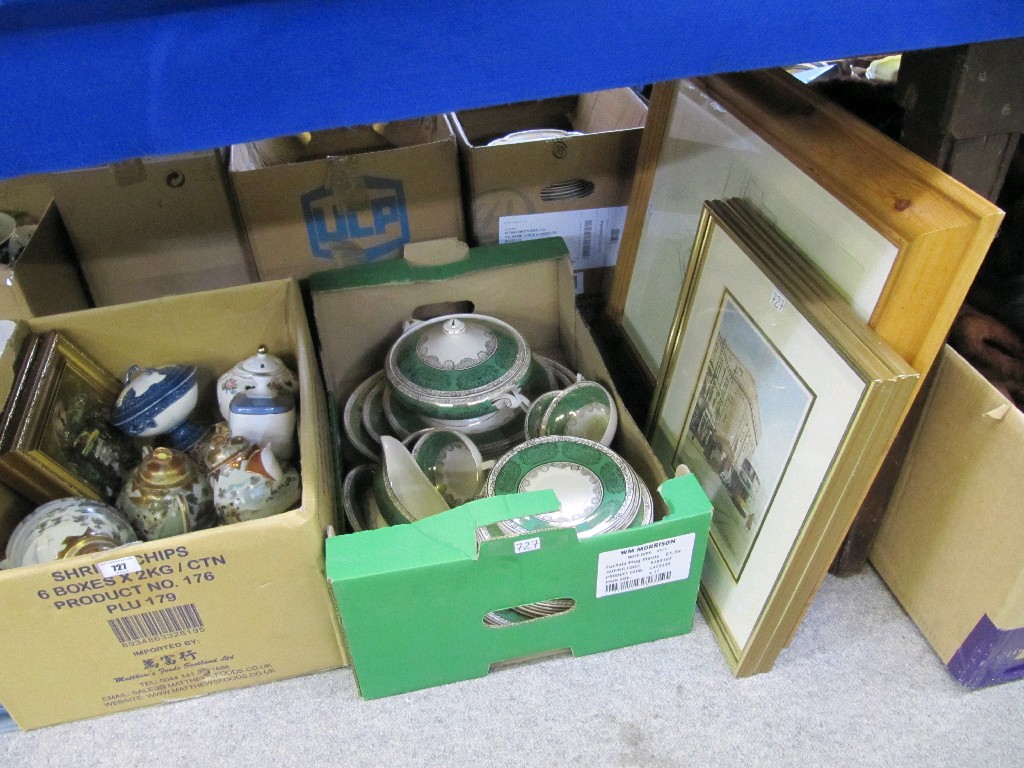 Appraisal: Lot comprising two boxes of tea and dinnerwares two framed