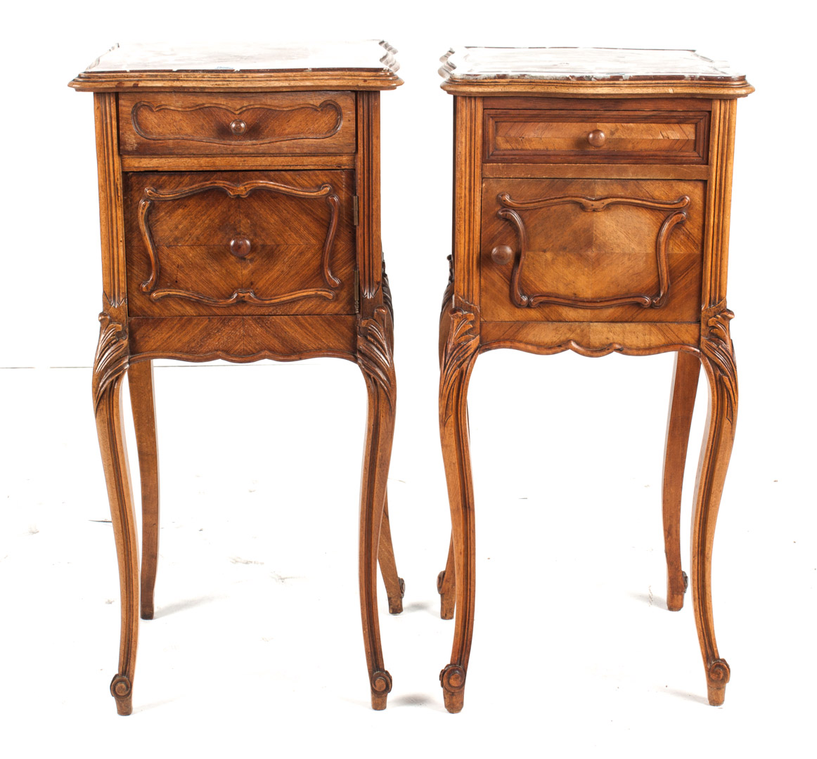 Appraisal: Pair of Louis XV style marble top side cabinets parquetry