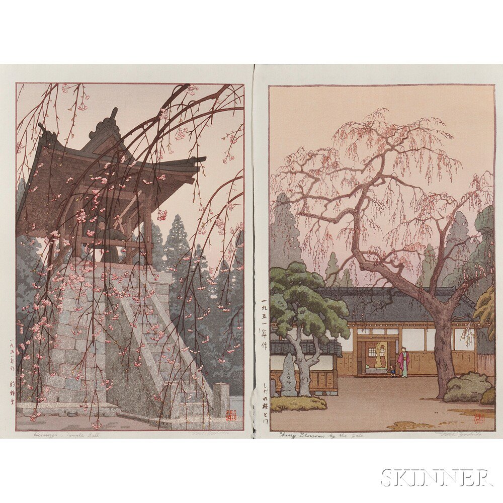 Appraisal: Toshi Yoshida - Two Color Woodblock Prints Japan Heirinji Temple