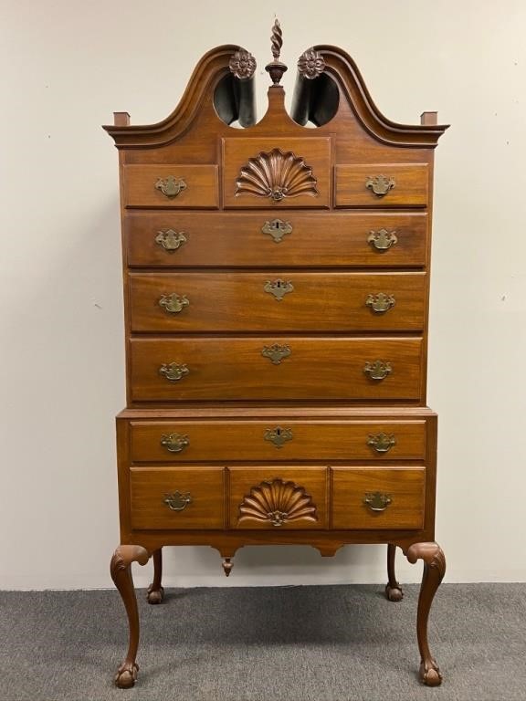 Appraisal: New England style bench-made two-part bonnet top highboy th c