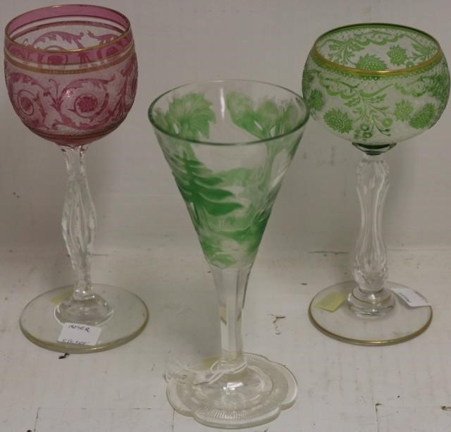 Appraisal: MOSER CUT OVERLAY GOBLETS TO INCLUDE WITHFLORAL DESIGN WITH TREES