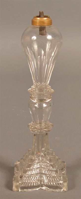 Appraisal: New England Colorless Glass Whale Oil Lamp New England Colorless