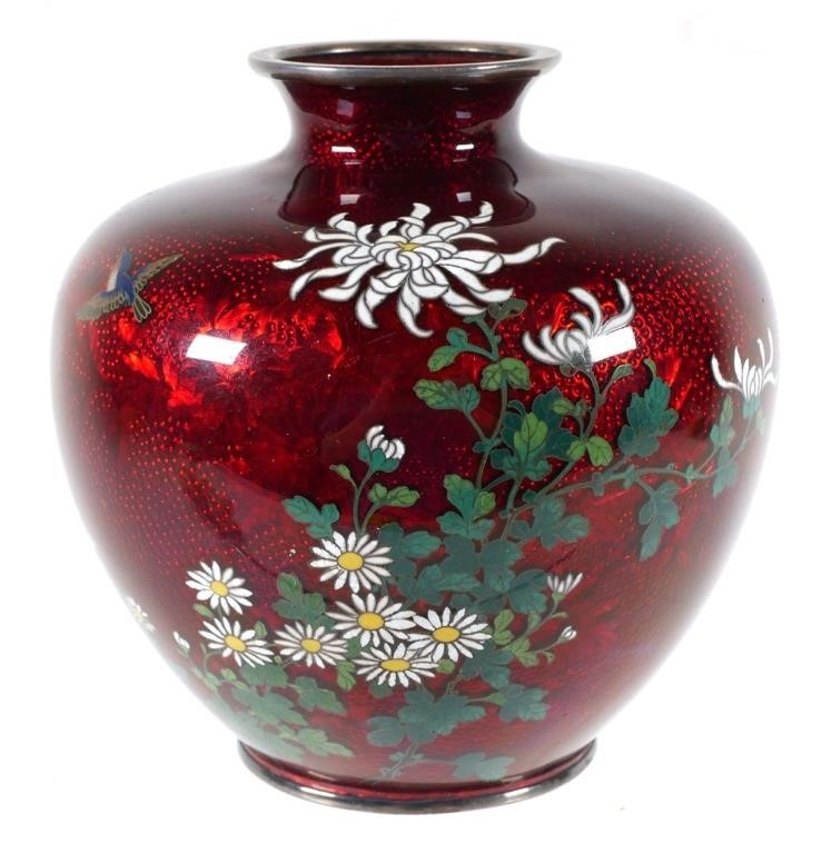 Appraisal: Japanese Cloisonne vase chrysanthemum on pigeon blood ground enamel Ando