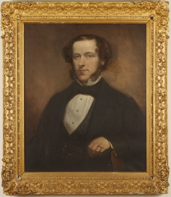 Appraisal: Portrait of gentleman displaying wedding ring oil on canvas relined