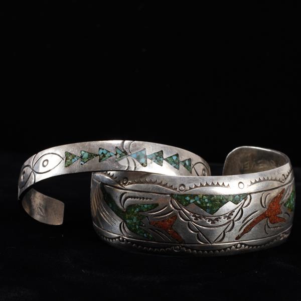 Appraisal: Two Native American Vintage Sterling Silver Turquoise Inlay Cuff Bracelets