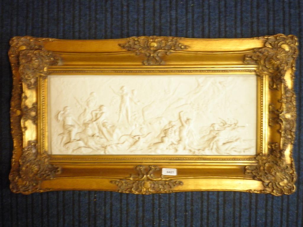 Appraisal: An ornate gilt framed composition plaque Classical Maiden cm x