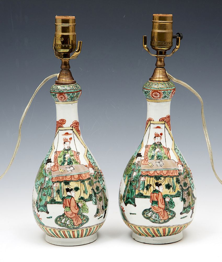 Appraisal: Pair of porcelain Chinese table lamps with figures Pair of