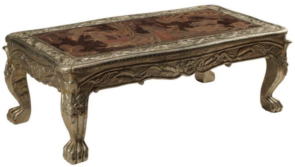 Appraisal: COLONIAL STYLE LACQUER SILVERED COFFEE TABLEColonial style repousse silvered metal