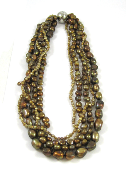 Appraisal: MULTI-STRAND BROWN PEARL NECKLACE strung with five strands of baroque