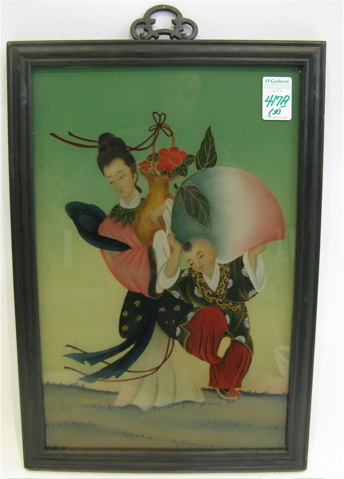 Appraisal: TWO CHINESE OIL PAINTINGS on the reverse of glass mother