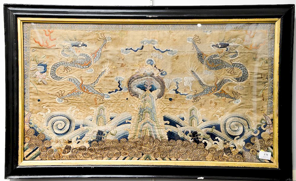 Appraisal: Large framed embroidered textile depicting two opposing five-clawed dragons writhing