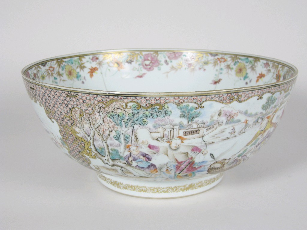 Appraisal: A Chien Lung Punch Bowl painted hunting scenes etc within