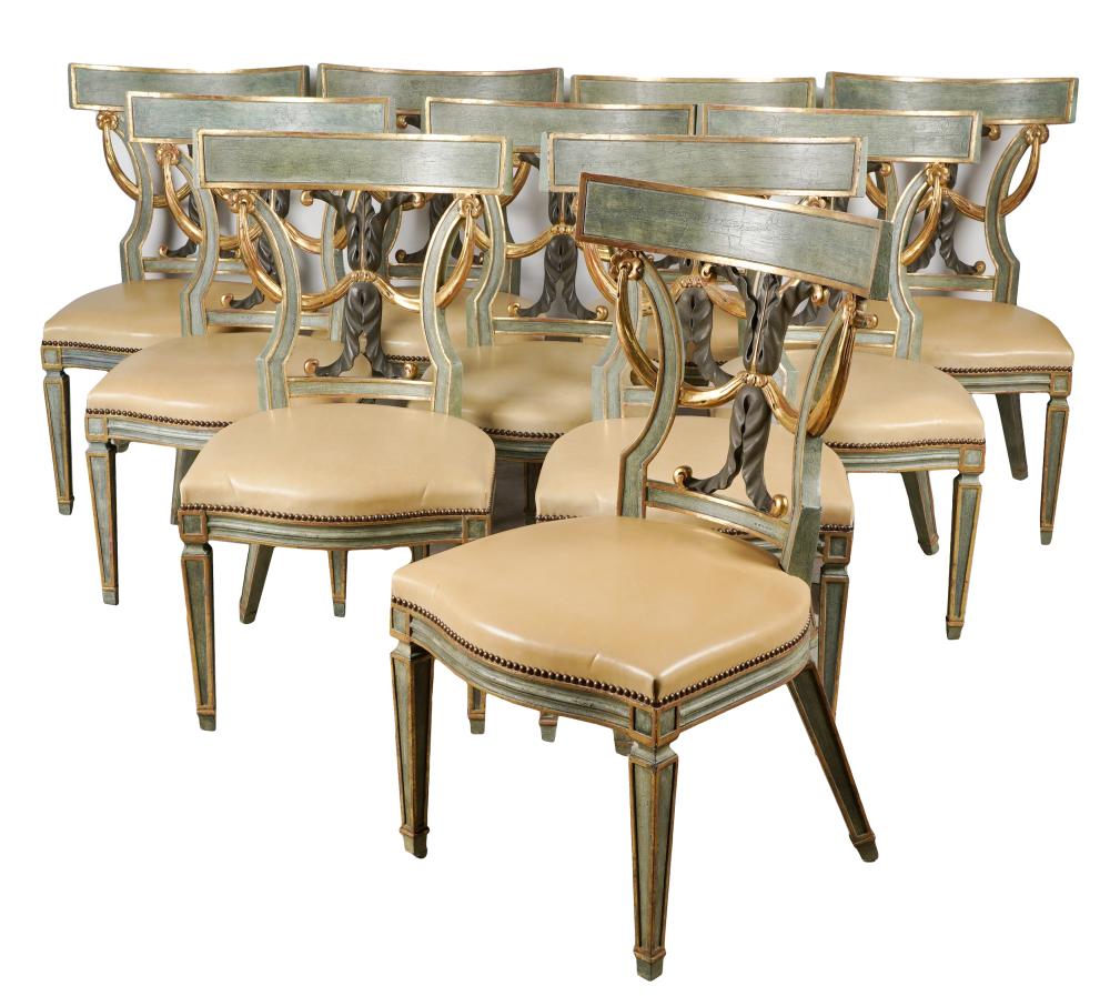 Appraisal: SET OF TEN PAINTED GILT NEOCLASSICAL STYLE DINING CHAIRSeach with