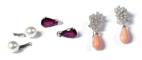 Appraisal: SET OF DIAMOND CORAL PEARL AND RUBELITE PENDANT EARRINGS White