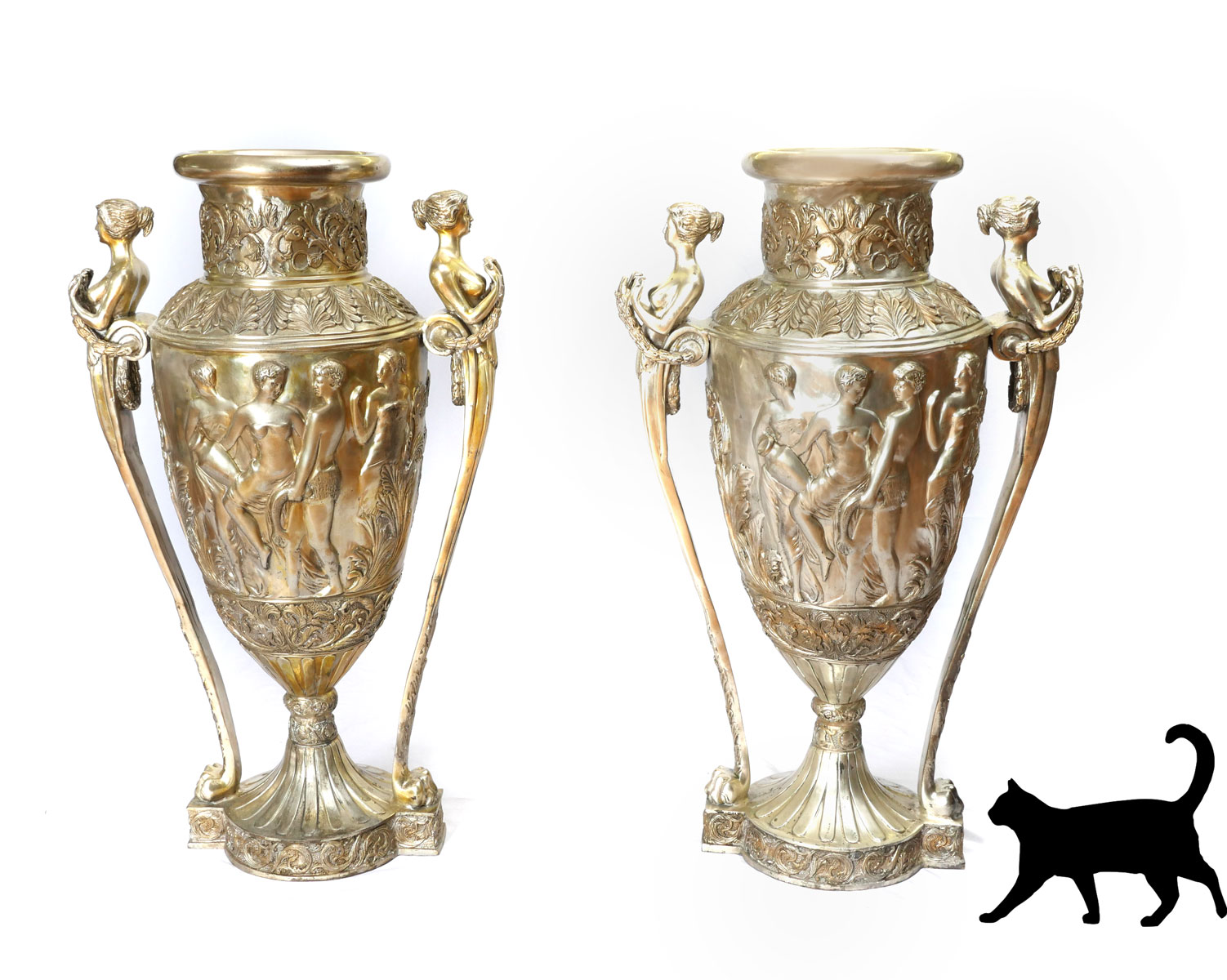 Appraisal: PAIR OF PALATIAL SILVERED BRONZE FIGURAL URNS Pair of oversized