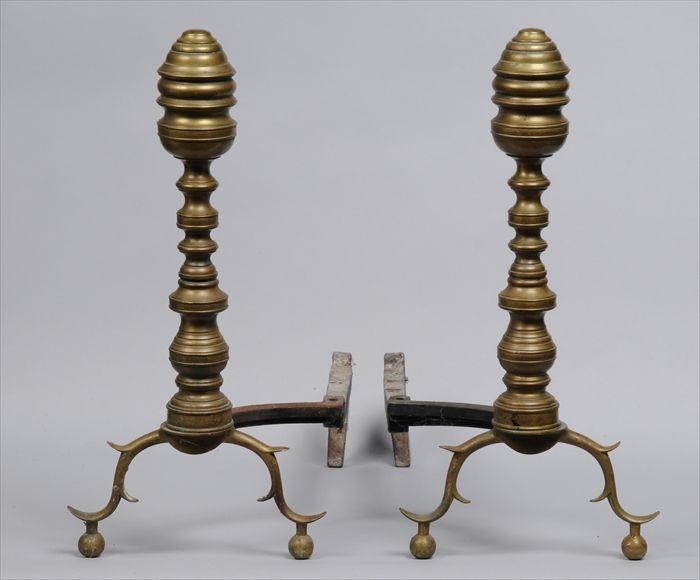 Appraisal: PAIR OF FEDERAL BRASS BEEHIVE ANDIRONS Each with baluster-form standard