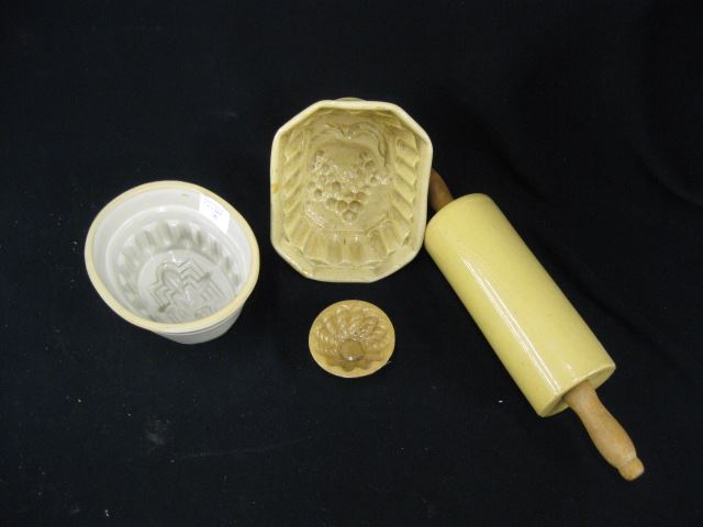 Appraisal: pcs Early Pottery Kitchenware rolling pin and three food molds