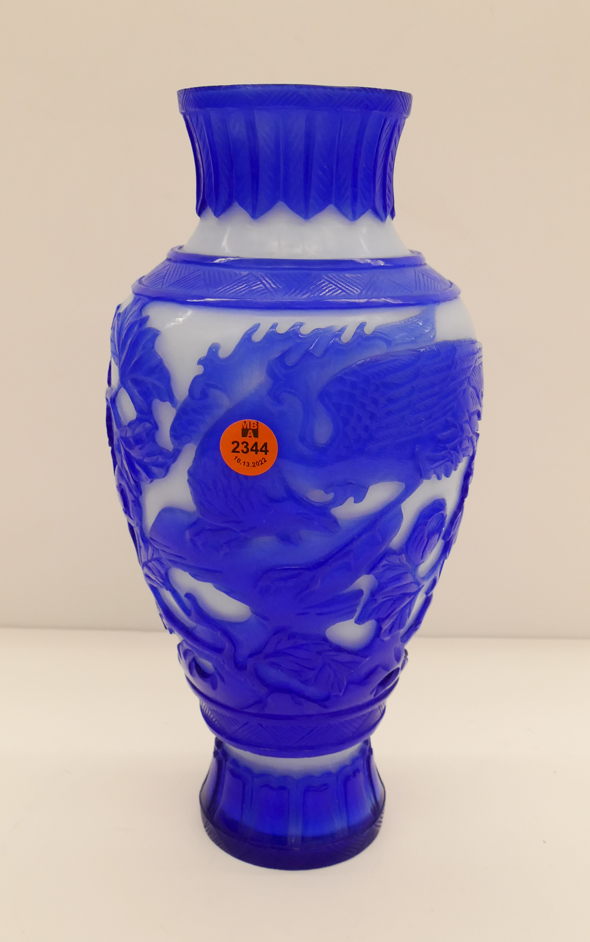 Appraisal: Chinese Carved Blue Peking Glass Phoenix Vase- ''