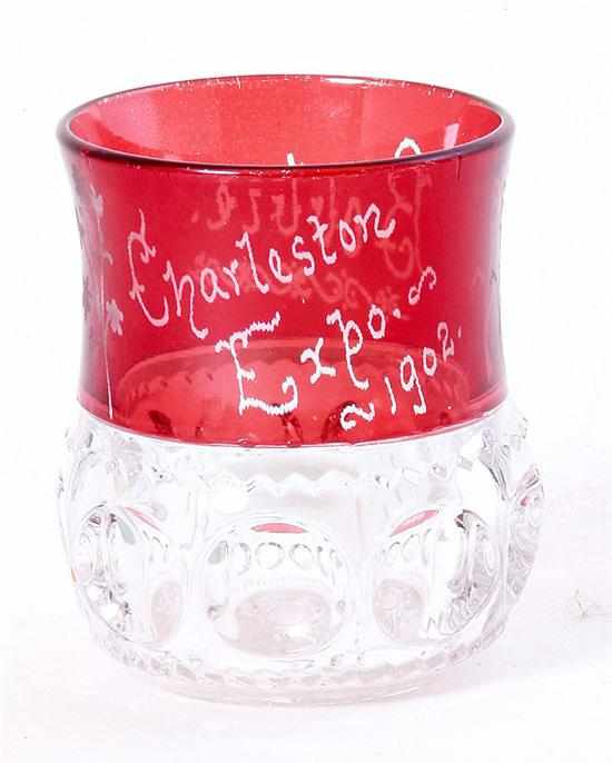 Appraisal: Charleston Expo souvenir cup circa ruby flash-decorated beaker engraved Charleston