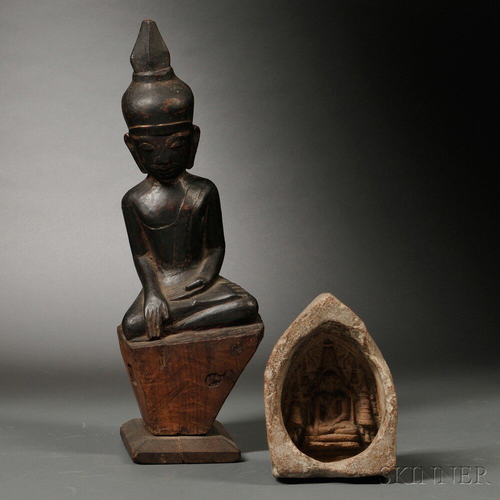 Appraisal: Two Buddhist Items Thailand a wood seated Buddha and a