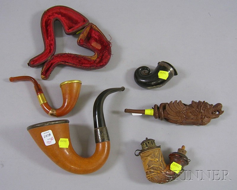 Appraisal: Four Smoking Pipes and a Silver-mounted Horn Mull two calabashes