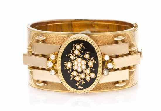 Appraisal: An Karat Rose Gold Enamel and Seed Pearl Cuff Bracelet