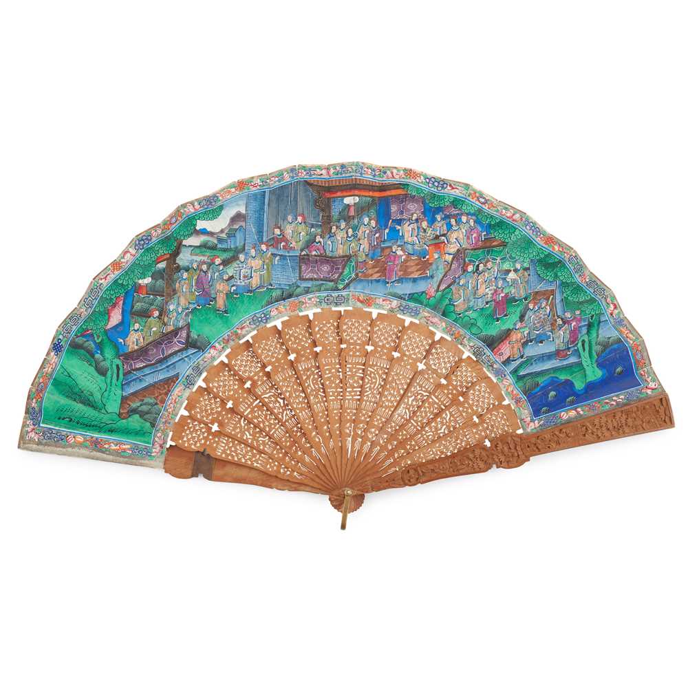 Appraisal: Y CANTON SANDALWOOD AND PAPER 'THOUSAND FACES' FAN QING DYNASTY