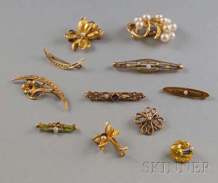 Appraisal: Eleven Gold and Pearl Brooches and Pins including two small