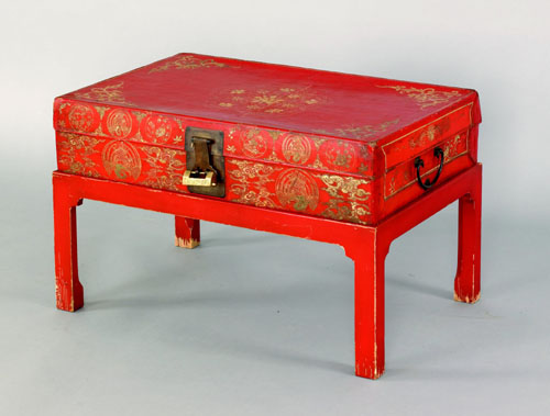 Appraisal: Chinese red lacquer scroll chest on frame h w