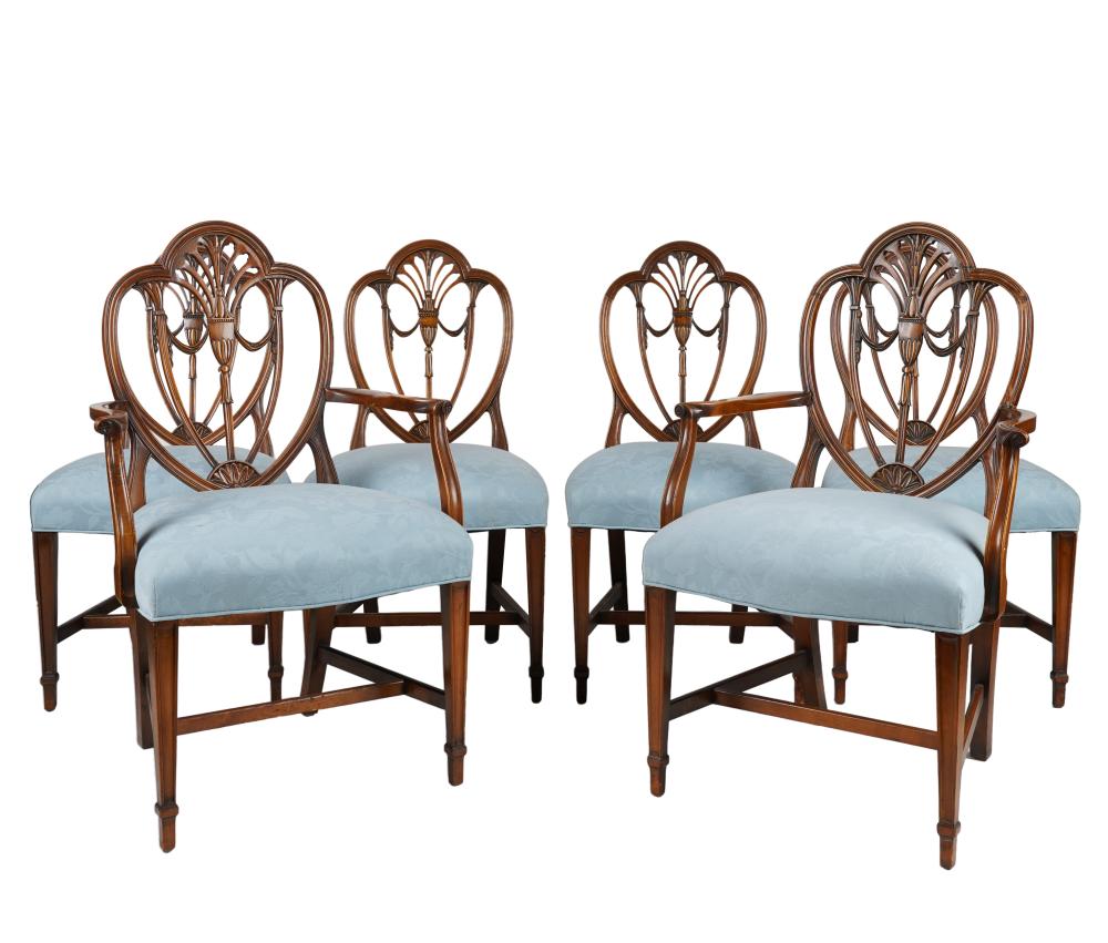 Appraisal: SIX HEPPLEWHITE STYLE MAHOGANY DINING CHAIRScomprising two armchairs inches wide