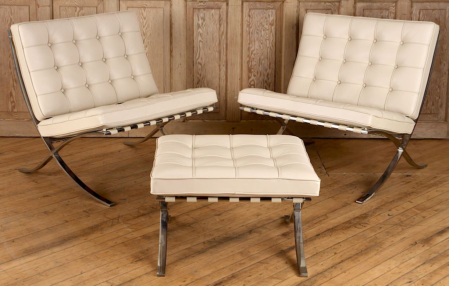 Appraisal: PAIR OF BARCELONA CHAIRS OTTOMAN LABELED KNOLL A pair of