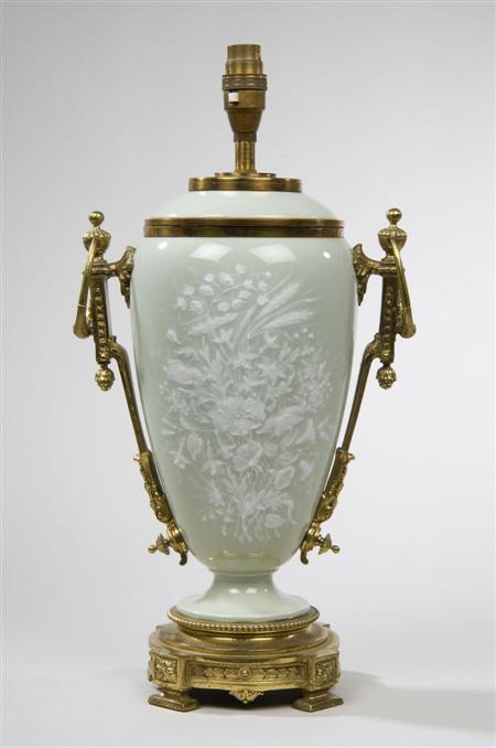 Appraisal: A French gilt-metal-mounted porcelain lamp late th century pedestal vase