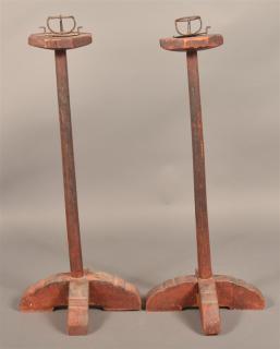 Appraisal: Pair of Red Painted Pricket Lamps Pair of Late th