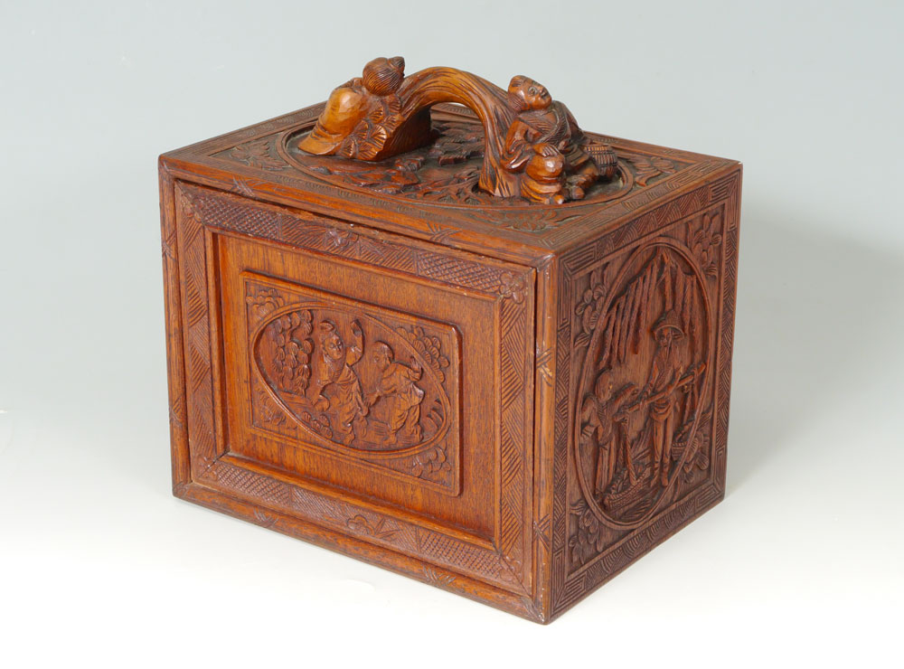 Appraisal: CARVED CHINESE SCHOLARS BOX Carved all over handle with figures