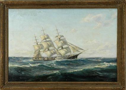 Appraisal: American School Three Masted Ship Oil on canvas signed Alex