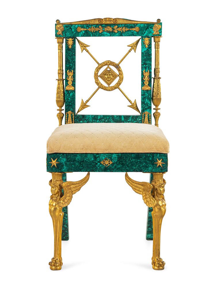 Appraisal: An Empire Style Gilt Bronze Mounted Malachite Side Chair An