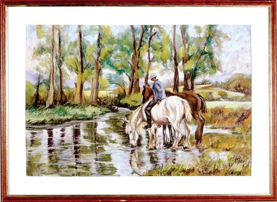 Appraisal: American school th century WATERING THE HORSES pastel on canvasboard