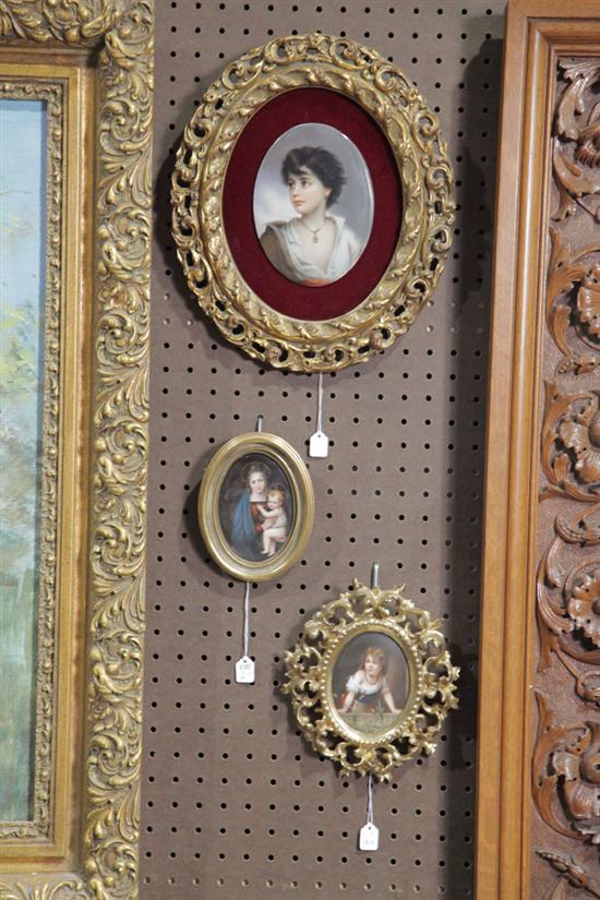 Appraisal: THREE PAINTINGS ON PORCELAIN Young girl in a large gilt