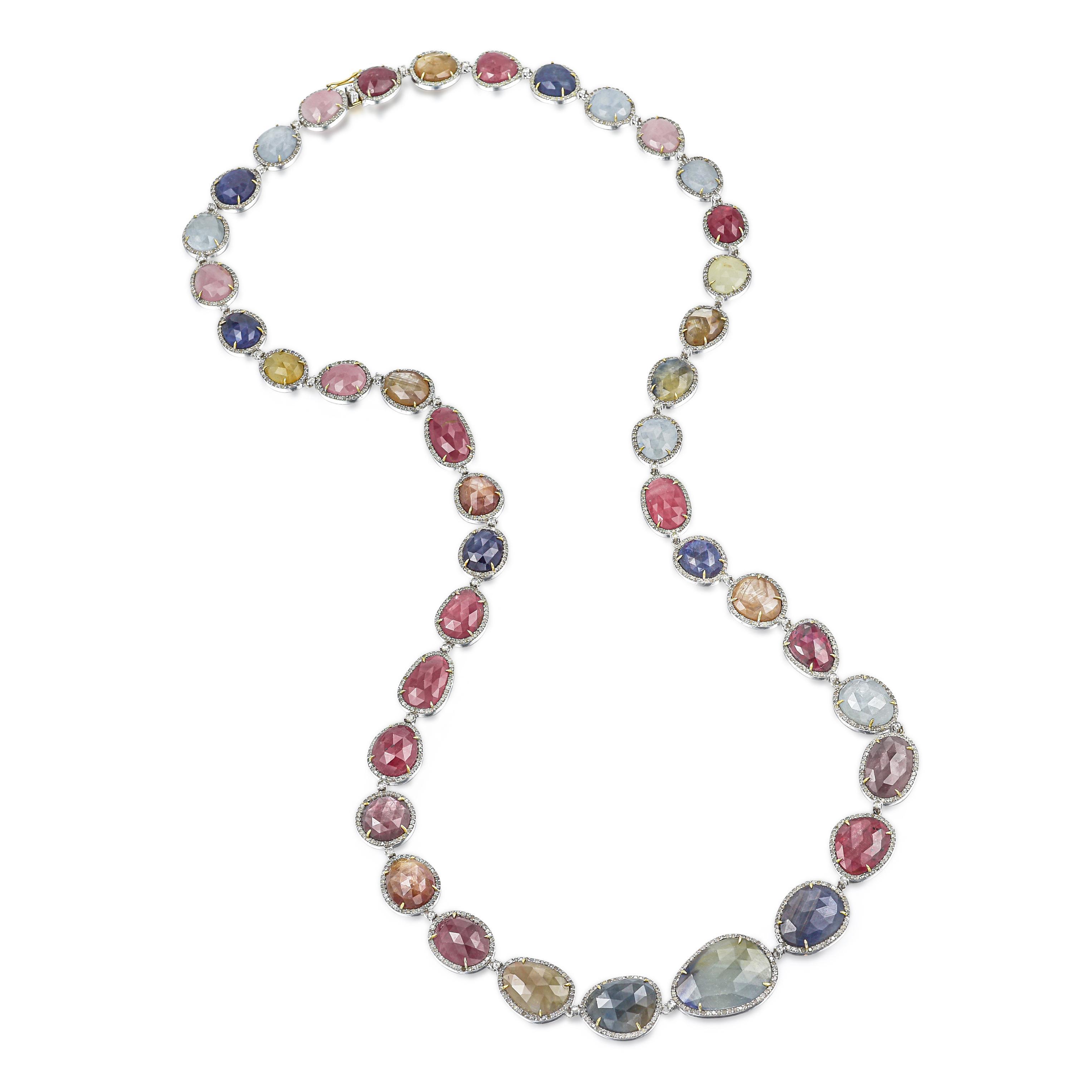 Appraisal: MULTI-COLORED SAPPHIRE AND DIAMOND LONG NECKLACE Crafted in silver with