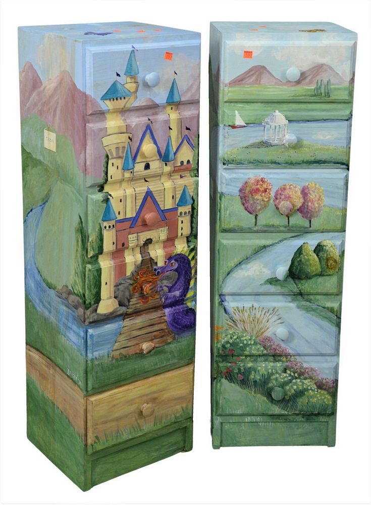 Appraisal: Two Paint Decorated Tall Six Drawer Dressers both having fairytale