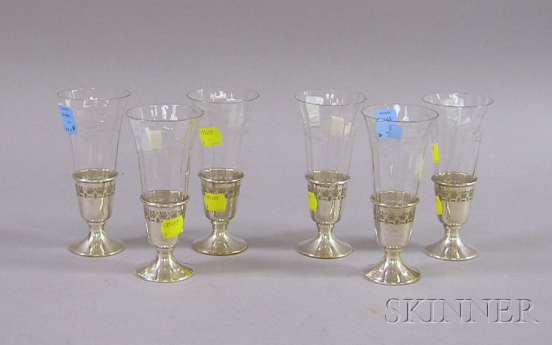 Appraisal: Six Colorless Cut Glass and Sterling Silver Cordials ht in