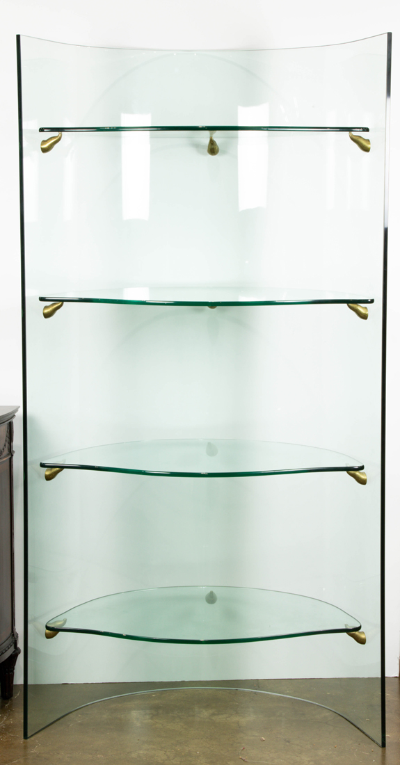 Appraisal: CONTEMPORARY DEMI-LUNE GLASS ETAGERE WITH FOUR SHELVES Contemporary demi-lune glass