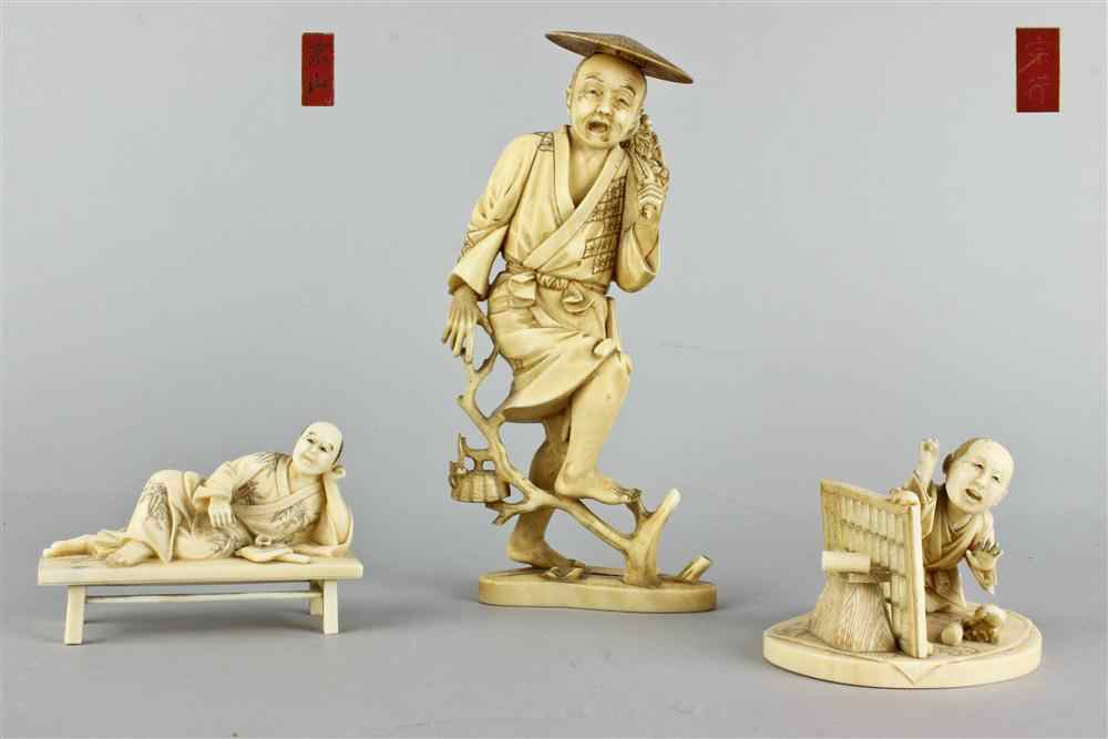 Appraisal: THREE JAPANESE IVORY OKIMONO TH CENTUTY including a figure of