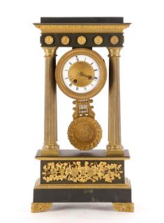 Appraisal: French Empire Style Ebonized Portico Clock French circa An Empire