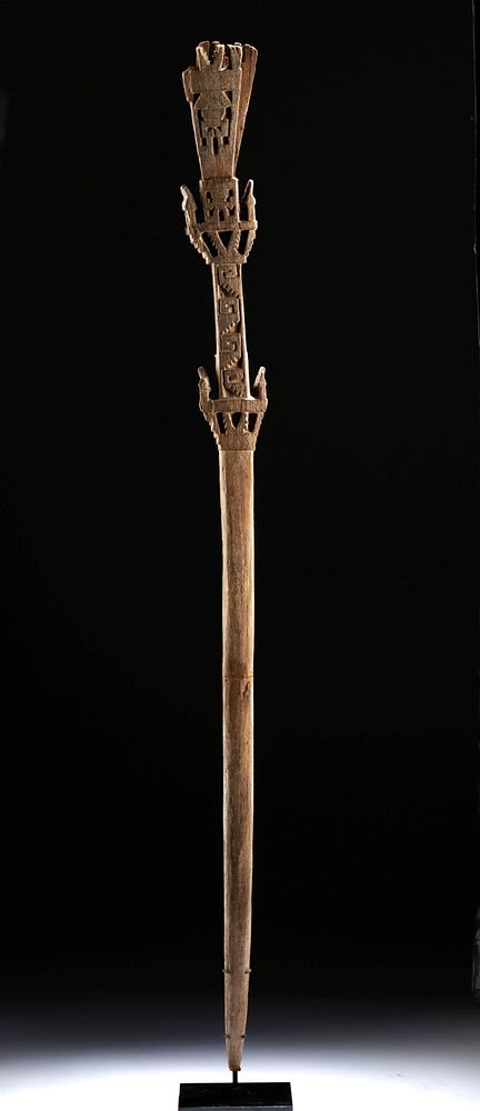 Appraisal: Royal Chimu Wood Staff w Relief Carvings Originally Listed At