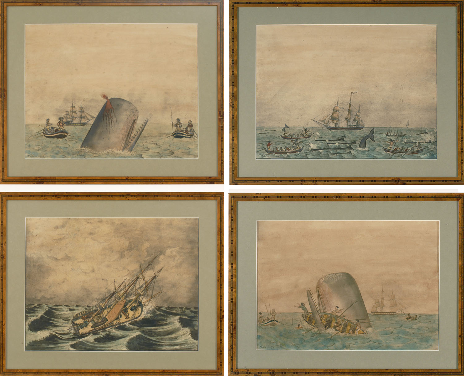 Appraisal: FOUR FRAMED PHOTOLITHOGRAPHS OF WHALING SCENES th Century x sight