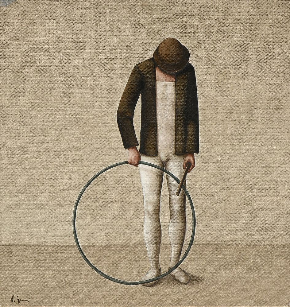 Appraisal: A BELGIAN SURREALIST STYLE PAINTING Acrobat with Hoop TH CENTURY