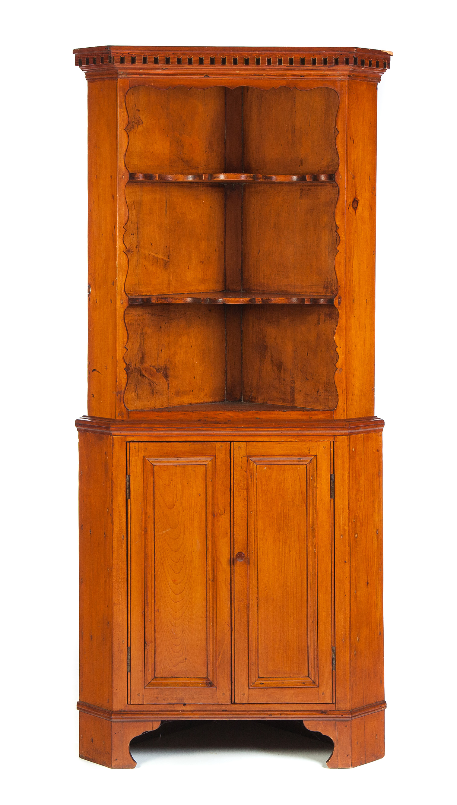 Appraisal: AMERICAN COUNTRY TWO-PIECE CORNER CUPBOARD First half- th century pine